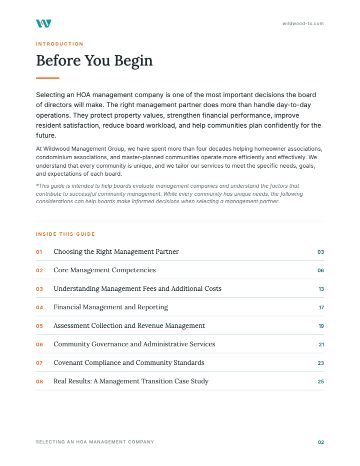 Contents page of the Wildwood guide for HOA boards